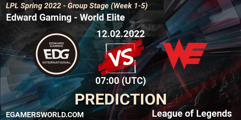 Edward Gaming vs World Elite: Match Prediction. 12.02.2022 at 07:00, LoL, LPL Spring 2022 - Group Stage (Week 1-5)