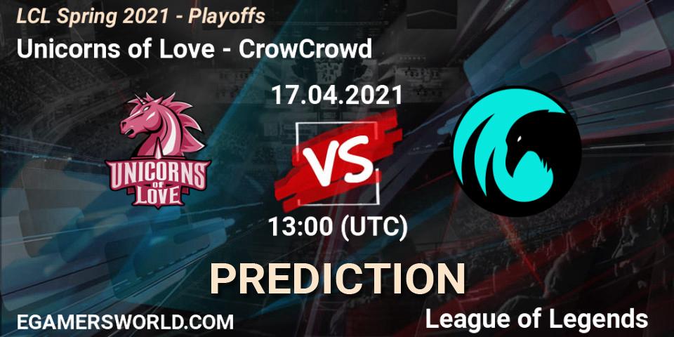 Unicorns of Love vs CrowCrowd: Match Prediction. 17.04.2021 at 13:00, LoL, LCL Spring 2021 - Playoffs