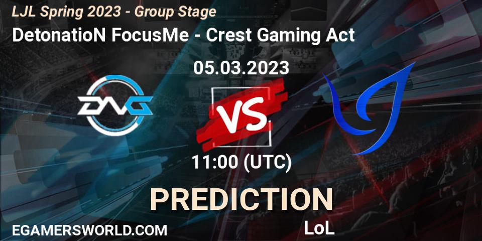 DetonatioN FocusMe vs Crest Gaming Act: Match Prediction. 05.03.2023 at 11:00, LoL, LJL Spring 2023 - Group Stage