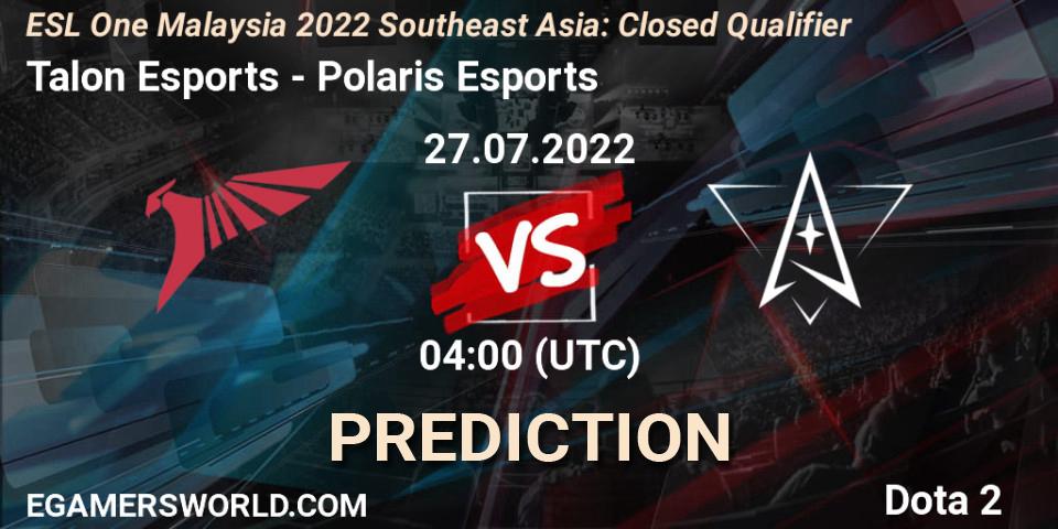 Talon Esports vs Polaris Esports: Match Prediction. 27.07.2022 at 04:01, Dota 2, ESL One Malaysia 2022 Southeast Asia: Closed Qualifier