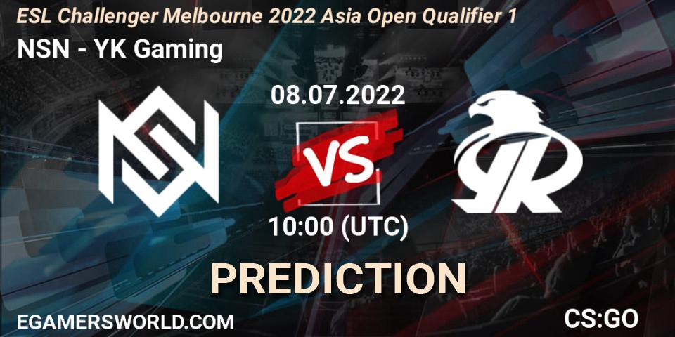 NSN vs YK Gaming: Match Prediction. 08.07.2022 at 10:00, Counter-Strike (CS2), ESL Challenger Melbourne 2022 Asia Open Qualifier 1