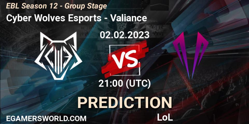 Cyber Wolves Esports vs Valiance: Match Prediction. 02.02.2023 at 21:15, LoL, EBL Season 12 - Group Stage