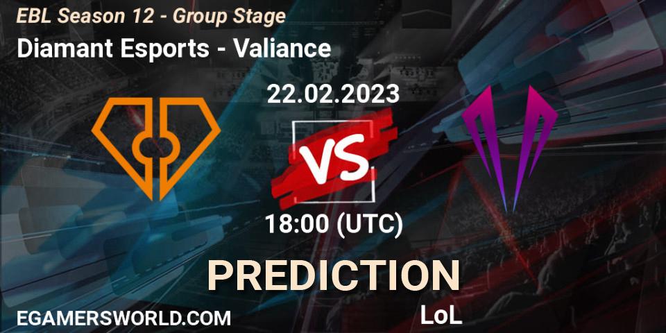 Diamant Esports vs Valiance: Match Prediction. 22.02.23, LoL, EBL Season 12 - Group Stage