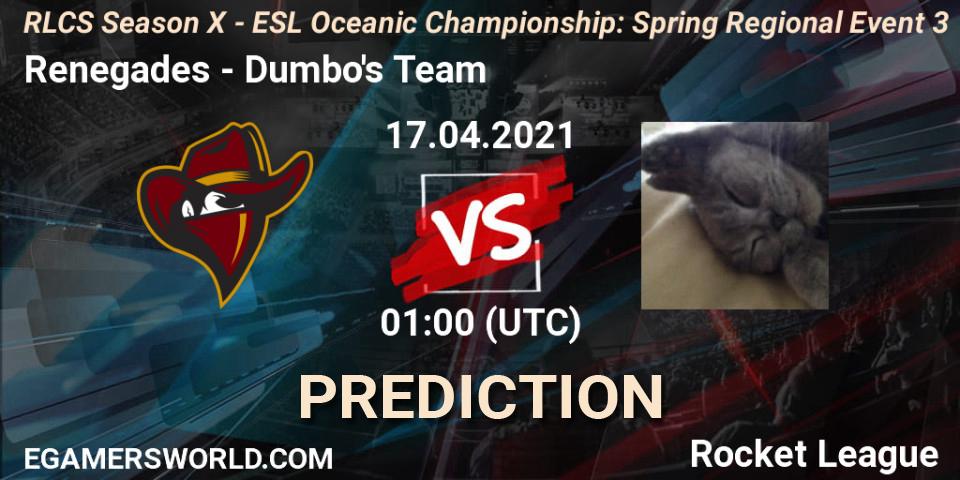Renegades vs Dumbo's Team: Match Prediction. 17.04.2021 at 01:00, Rocket League, RLCS Season X - ESL Oceanic Championship: Spring Regional Event 3