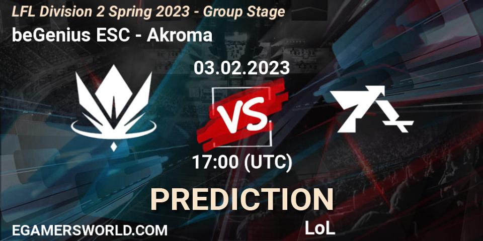 beGenius ESC vs Akroma: Match Prediction. 03.02.2023 at 17:00, LoL, LFL Division 2 Spring 2023 - Group Stage