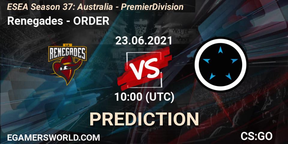 Renegades vs ORDER: Match Prediction. 23.06.2021 at 10:00, Counter-Strike (CS2), ESEA Season 37: Australia - Premier Division