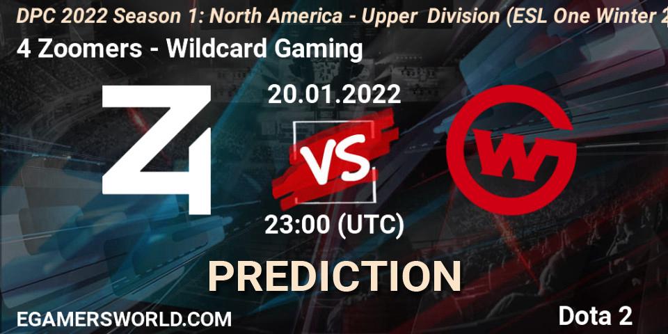 4 Zoomers vs Wildcard Gaming: Match Prediction. 20.01.2022 at 22:55, Dota 2, DPC 2022 Season 1: North America - Upper Division (ESL One Winter 2021)