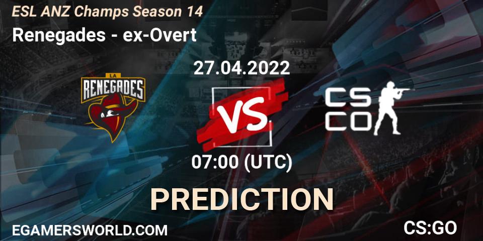 Renegades vs ex-Overt: Match Prediction. 27.04.2022 at 07:00, Counter-Strike (CS2), ESL ANZ Champs Season 14