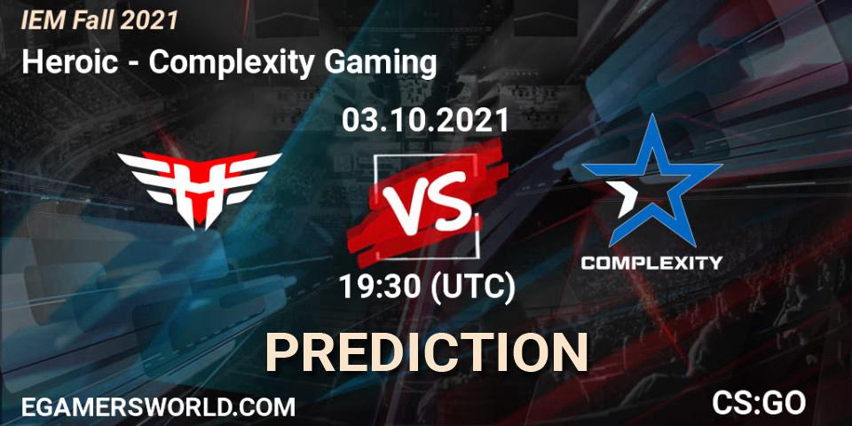 Heroic vs Complexity Gaming: Match Prediction. 03.10.2021 at 18:55, Counter-Strike (CS2), IEM Fall 2021: Europe RMR