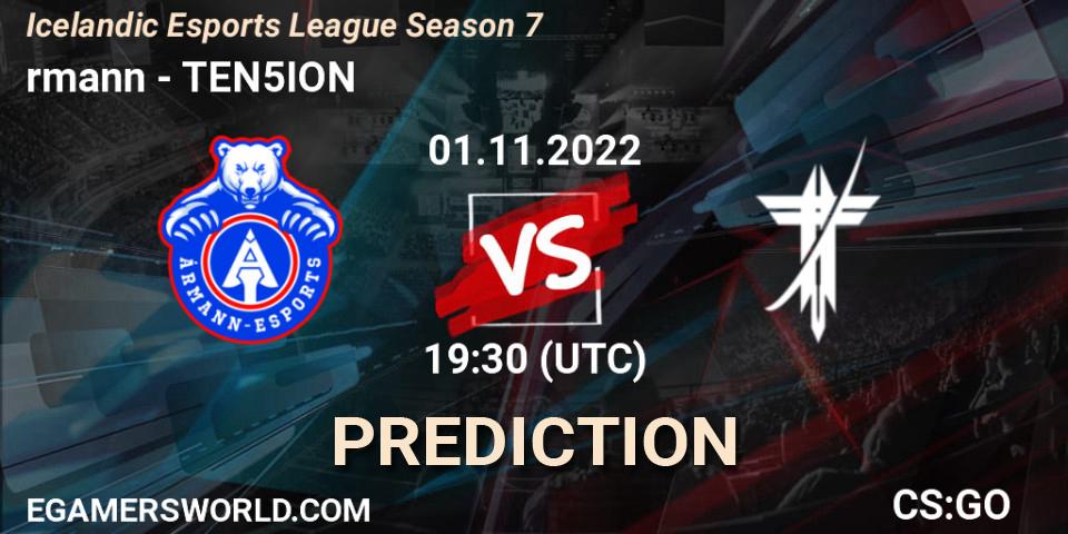 Ármann vs TEN5ION: Match Prediction. 01.11.2022 at 19:30, Counter-Strike (CS2), Icelandic Esports League Season 7