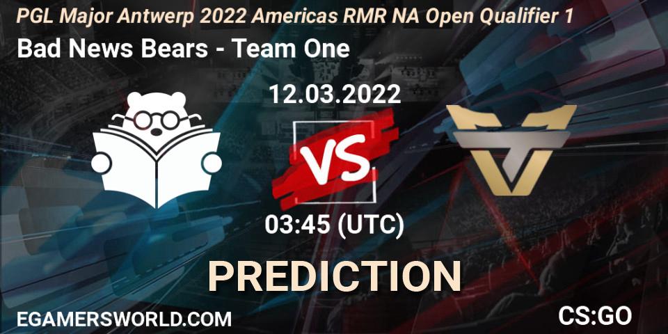 Bad News Bears vs Team One: Match Prediction. 12.03.2022 at 03:45, Counter-Strike (CS2), PGL Major Antwerp 2022 Americas RMR NA Open Qualifier 1
