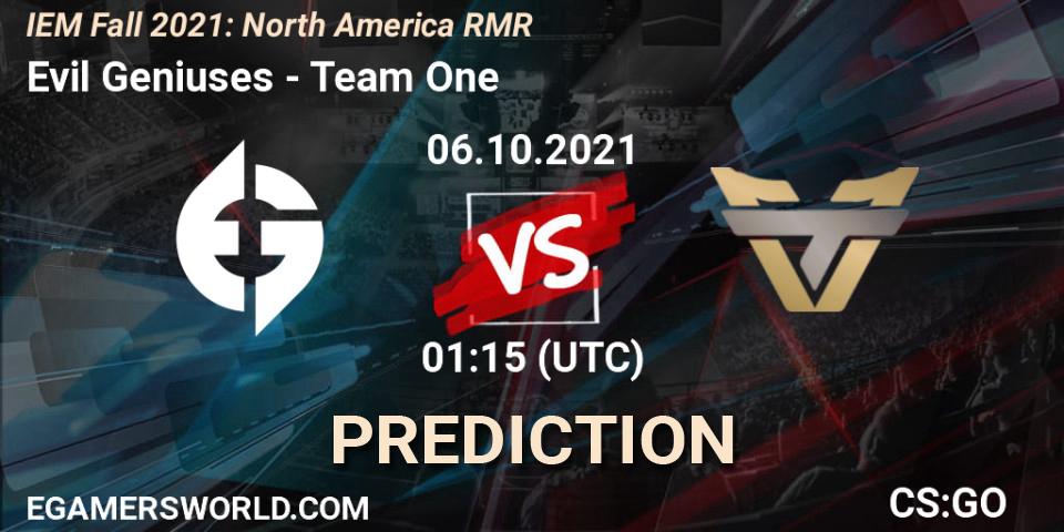 Evil Geniuses vs Team One: Match Prediction. 06.10.2021 at 01:20, Counter-Strike (CS2), IEM Fall 2021: North America RMR