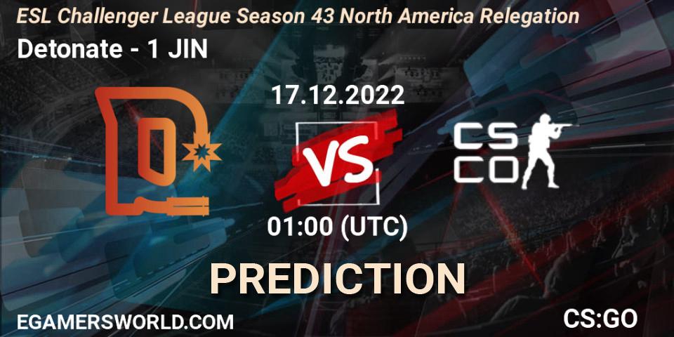 Detonate vs 1 JIN: Match Prediction. 17.12.2022 at 01:00, Counter-Strike (CS2), ESL Challenger League Season 43 North America Relegation