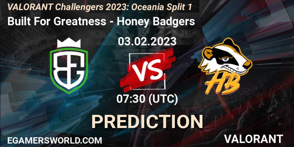 Built For Greatness vs Honey Badgers: Match Prediction. 03.02.23, VALORANT, VALORANT Challengers 2023: Oceania Split 1
