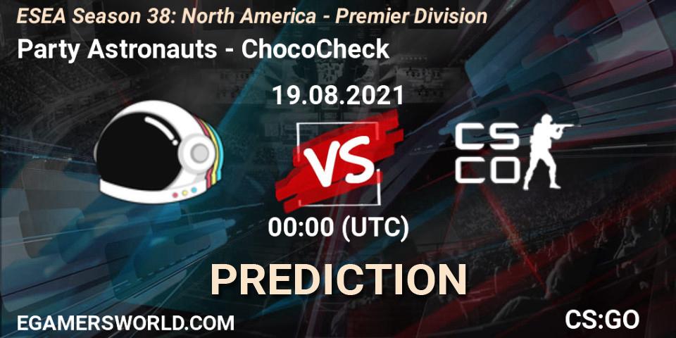 Party Astronauts vs ChocoCheck: Match Prediction. 29.09.2021 at 00:20, Counter-Strike (CS2), ESEA Season 38: North America 