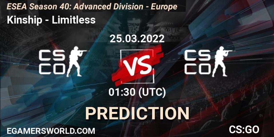 Kinship vs Limitless: Match Prediction. 25.03.2022 at 00:00, Counter-Strike (CS2), ESEA Season 40: Advanced Division - North America