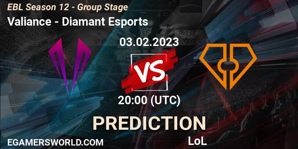 Valiance vs Diamant Esports: Match Prediction. 03.02.2023 at 20:00, LoL, EBL Season 12 - Group Stage