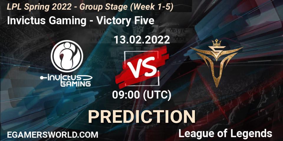 Invictus Gaming vs Victory Five: Match Prediction. 13.02.2022 at 10:00, LoL, LPL Spring 2022 - Group Stage (Week 1-5)