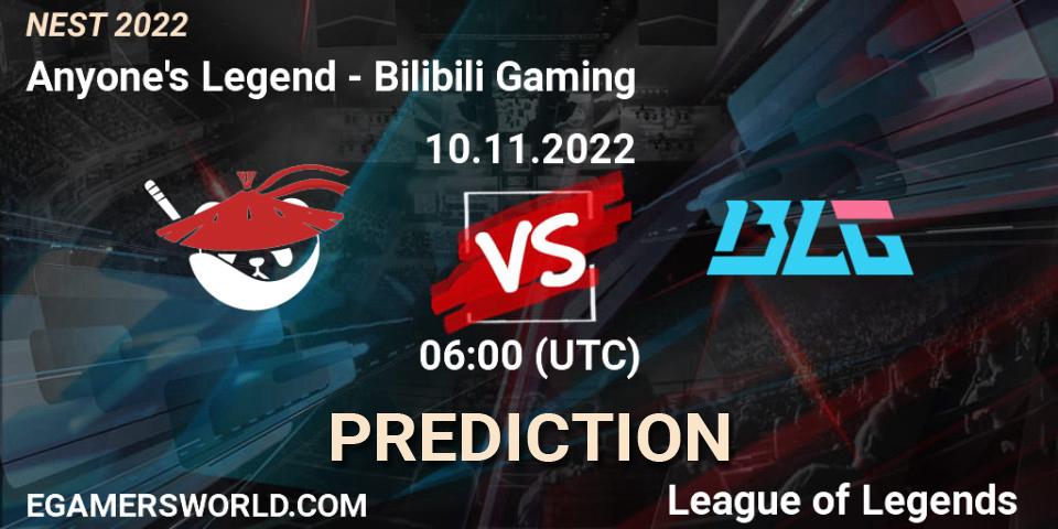 Anyone's Legend vs Bilibili Gaming: Match Prediction. 10.11.2022 at 06:00, LoL, NEST 2022