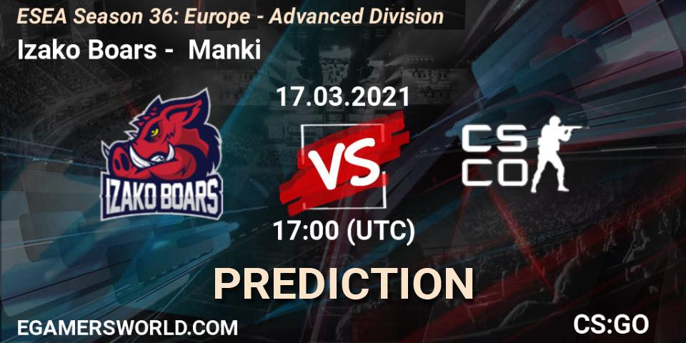 Izako Boars vs Manki: Match Prediction. 17.03.2021 at 17:00, Counter-Strike (CS2), ESEA Season 36: Europe - Advanced Division
