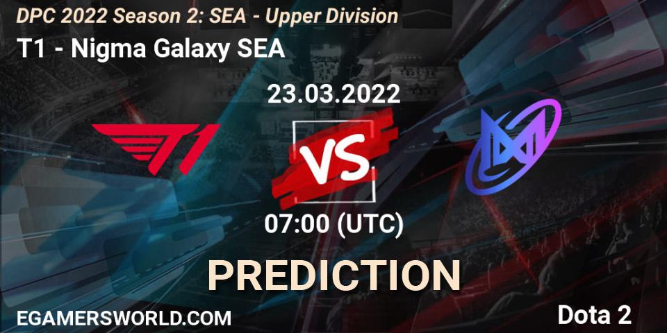 T1 vs Nigma Galaxy SEA: Match Prediction. 23.03.2022 at 07:16, Dota 2, DPC 2021/2022 Tour 2 (Season 2): SEA Division I (Upper)