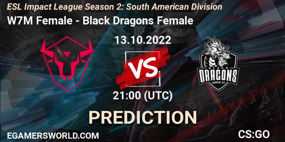 W7M Female vs Black Dragons Female: Match Prediction. 13.10.2022 at 21:00, Counter-Strike (CS2), ESL Impact League Season 2: South American Division