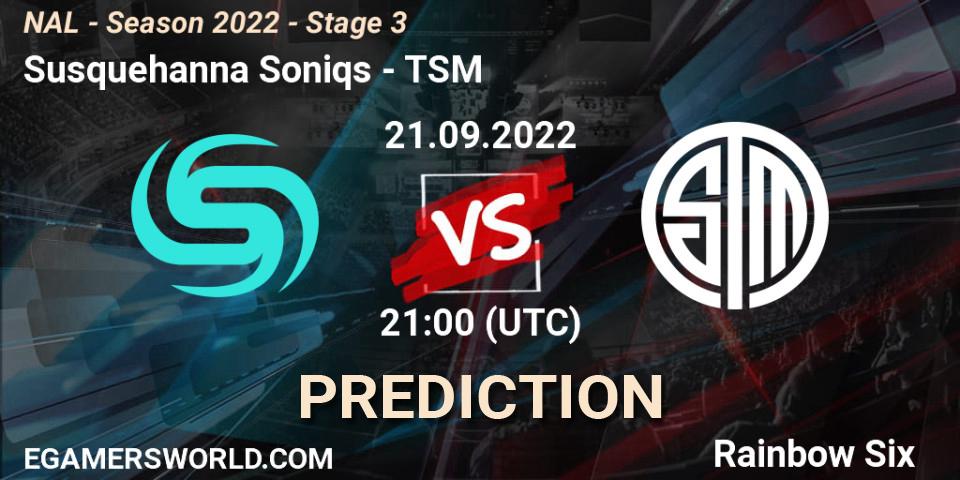 Susquehanna Soniqs vs TSM: Match Prediction. 21.09.2022 at 21:00, Rainbow Six, NAL - Season 2022 - Stage 3