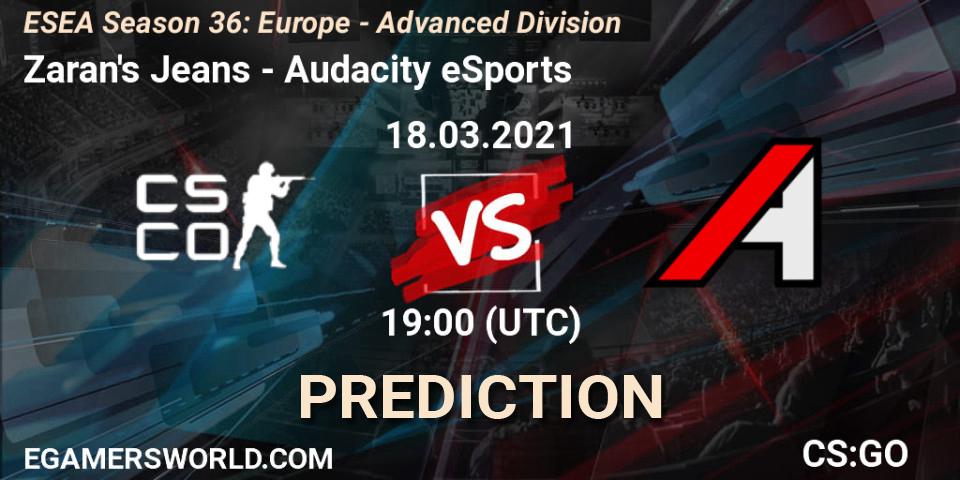 Zaran's Jeans vs Audacity eSports: Match Prediction. 18.03.2021 at 19:00, Counter-Strike (CS2), ESEA Season 36: Europe - Advanced Division