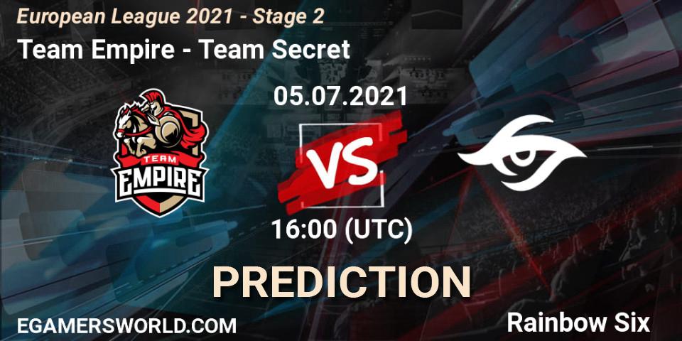 Team Empire vs Team Secret: Match Prediction. 05.07.2021 at 16:00, Rainbow Six, European League 2021 - Stage 2