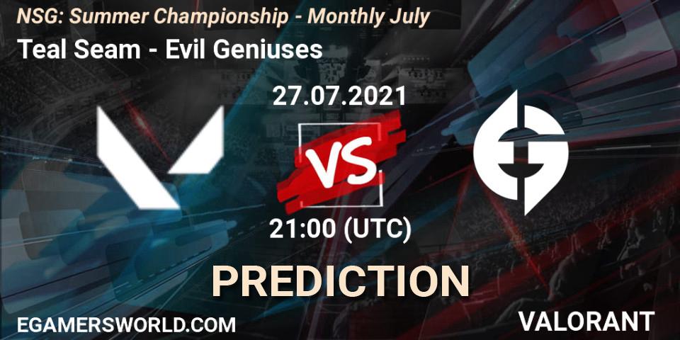 Teal Seam vs Evil Geniuses: Match Prediction. 27.07.2021 at 21:00, VALORANT, NSG: Summer Championship - Monthly July