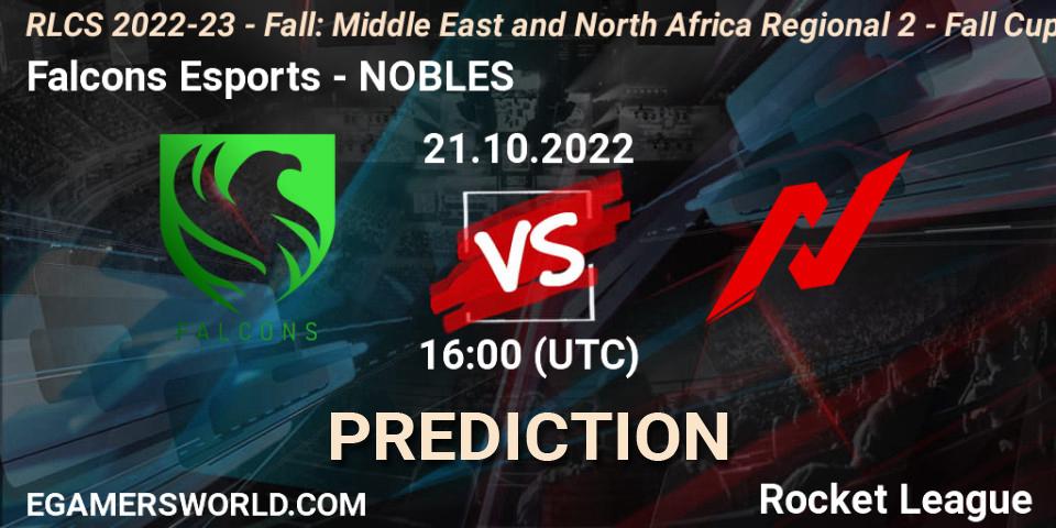 Falcons Esports vs NOBLES: Match Prediction. 21.10.2022 at 16:00, Rocket League, RLCS 2022-23 - Fall: Middle East and North Africa Regional 2 - Fall Cup