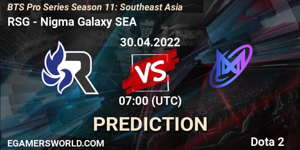 RSG vs Nigma Galaxy SEA: Match Prediction. 30.04.2022 at 07:11, Dota 2, BTS Pro Series Season 11: Southeast Asia