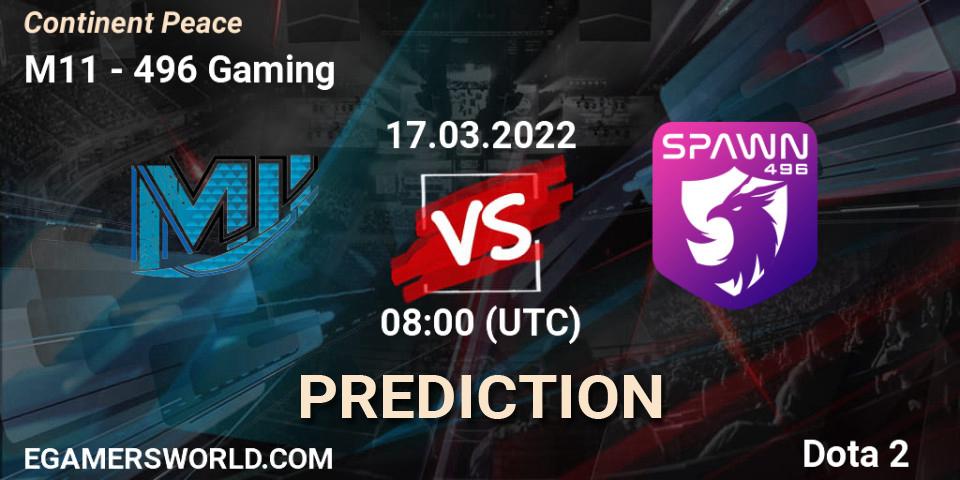 M11 vs 496 Gaming: Match Prediction. 17.03.2022 at 07:16, Dota 2, Continent Peace