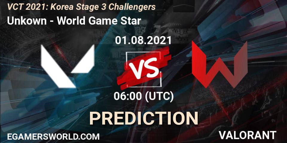 Unkown vs World Game Star: Match Prediction. 01.08.2021 at 06:00, VALORANT, VCT 2021: Korea Stage 3 Challengers