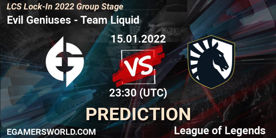 Evil Geniuses vs Team Liquid: Match Prediction. 15.01.2022 at 23:15, LoL, LCS Lock-In 2022 Group Stage
