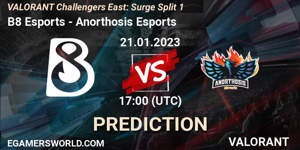 B8 Esports vs Anorthosis Esports: Match Prediction. 21.01.23, VALORANT, VALORANT Challengers 2023 East: Surge Split 1