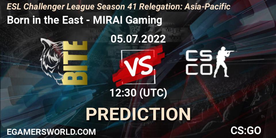 Born in the East vs MIRAI Gaming: Match Prediction. 05.07.2022 at 12:30, Counter-Strike (CS2), ESL Challenger League Season 41 Relegation: Asia-Pacific