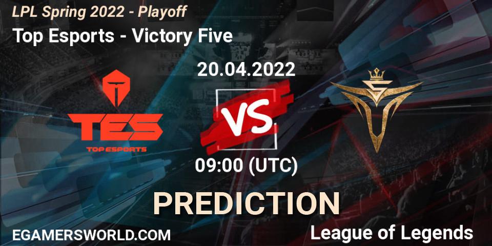 Top Esports vs Victory Five: Match Prediction. 20.04.2022 at 09:00, LoL, LPL Spring 2022 - Playoff