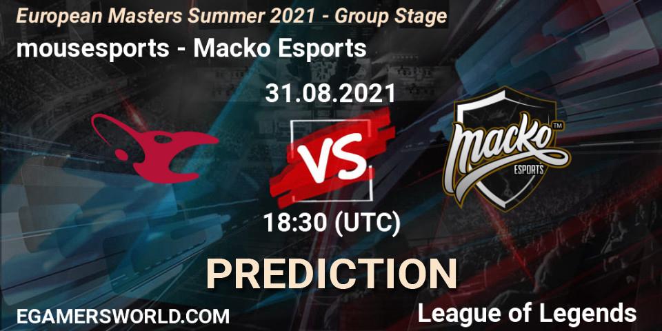 mousesports vs Macko Esports: Match Prediction. 31.08.2021 at 18:30, LoL, European Masters Summer 2021 - Group Stage