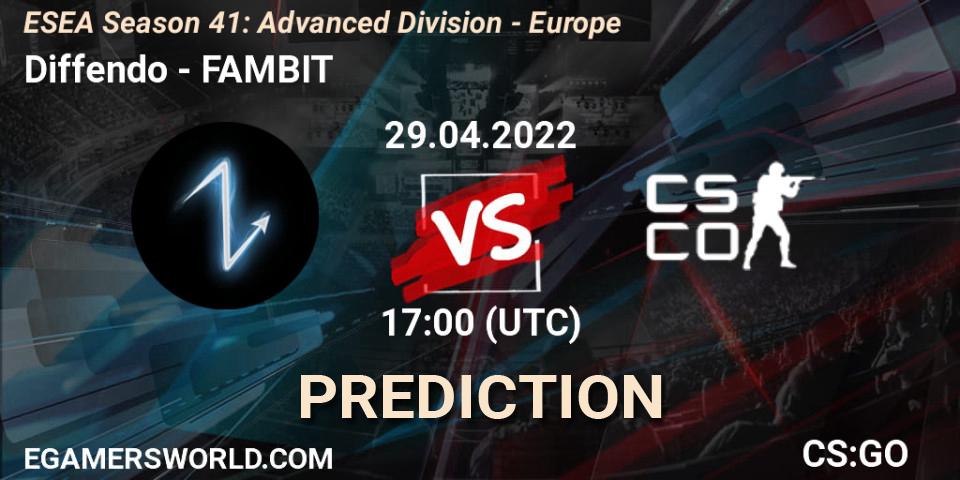 Diffendo vs FAMBIT: Match Prediction. 29.04.2022 at 17:00, Counter-Strike (CS2), ESEA Season 41: Advanced Division - Europe