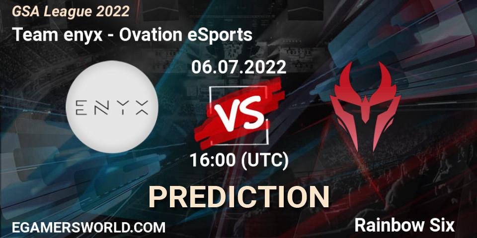 Team enyx vs Ovation eSports: Match Prediction. 06.07.2022 at 16:00, Rainbow Six, GSA League 2022