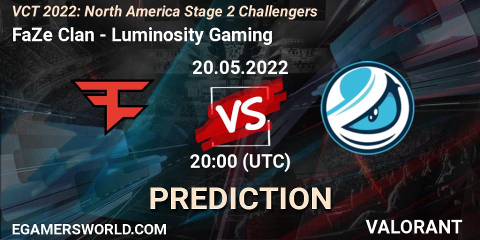 FaZe Clan vs Luminosity Gaming: Match Prediction. 20.05.2022 at 20:10, VALORANT, VCT 2022: North America Stage 2 Challengers