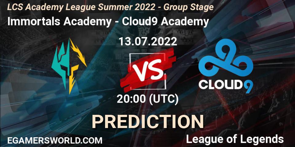 Immortals Academy vs Cloud9 Academy: Match Prediction. 13.07.2022 at 20:00, LoL, LCS Academy League Summer 2022 - Group Stage