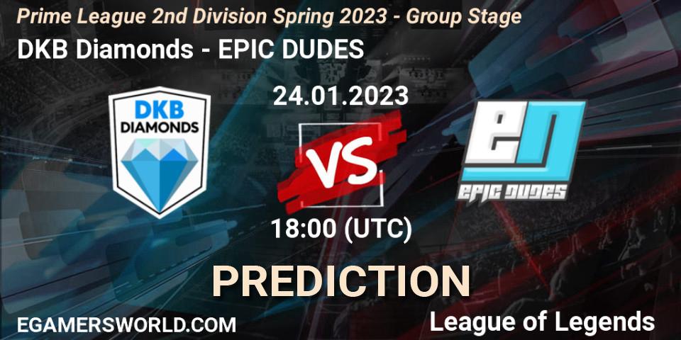 DKB Diamonds vs EPIC DUDES: Match Prediction. 24.01.2023 at 18:00, LoL, Prime League 2nd Division Spring 2023 - Group Stage