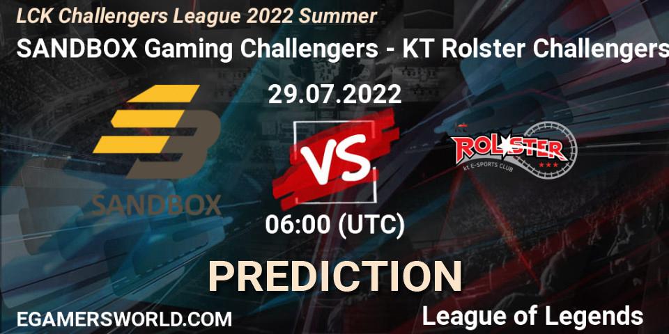 SANDBOX Gaming Challengers vs KT Rolster Challengers: Match Prediction. 29.07.2022 at 06:00, LoL, LCK Challengers League 2022 Summer