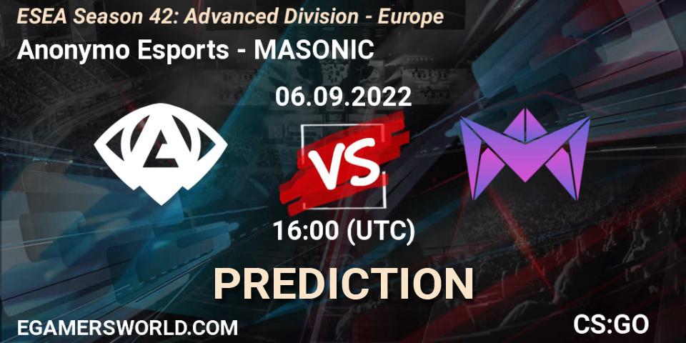 Anonymo Esports vs MASONIC: Match Prediction. 06.09.2022 at 16:00, Counter-Strike (CS2), ESEA Season 42: Advanced Division - Europe