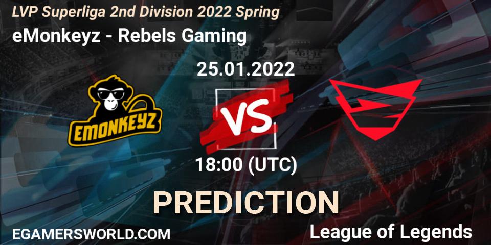 eMonkeyz vs Rebels Gaming: Match Prediction. 26.01.2022 at 18:00, LoL, LVP Superliga 2nd Division 2022 Spring