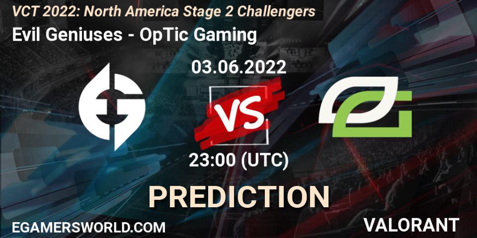 Evil Geniuses vs OpTic Gaming: Match Prediction. 04.06.2022 at 00:00, VALORANT, VCT 2022: North America Stage 2 Challengers