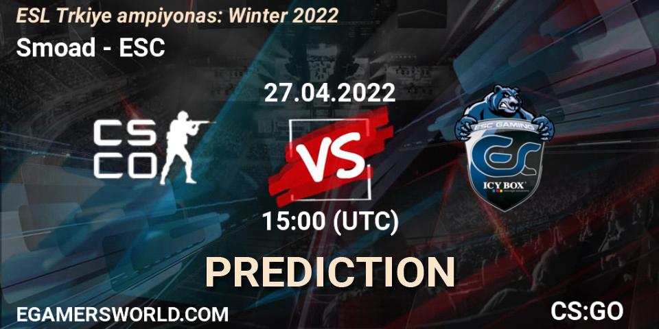 Smoad vs ESC: Match Prediction. 27.04.2022 at 15:00, Counter-Strike (CS2), ESL Türkiye Şampiyonası: Winter 2022