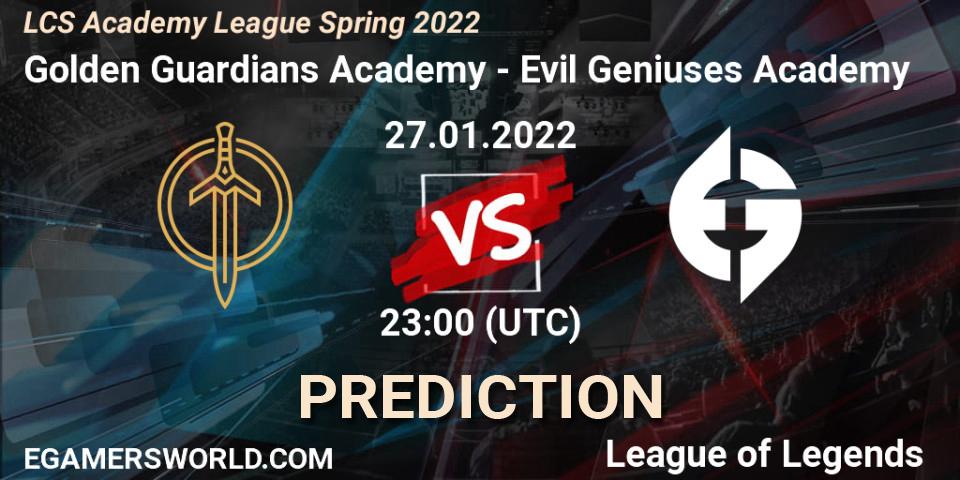 Golden Guardians Academy vs Evil Geniuses Academy: Match Prediction. 27.01.2022 at 23:00, LoL, LCS Academy League Spring 2022